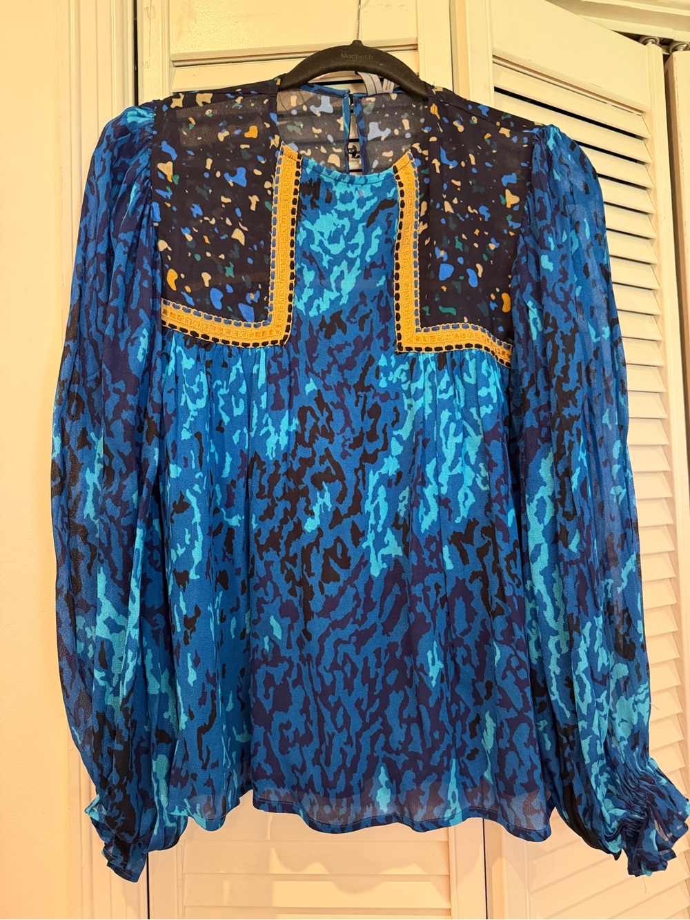 Anthropologie Blank London Blue Patterned Long-Sleeve Blouse with Yellow Trim S